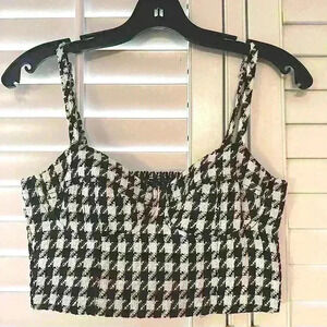Stradivarius cropped top in black and white tweed
